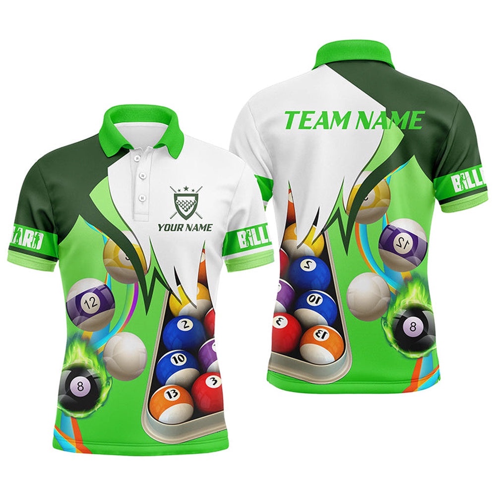 Green 3D Billiard Balls Polo Shirts, Custom Pool Billiard Team Shirts, Personalized Billiard Polo Shirt