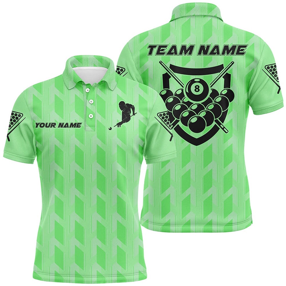 Green 8 Ball Billiards 3D Polo Shirts, Custom Name Player Billiards Polo, Personalized Billiard Polo Shirt