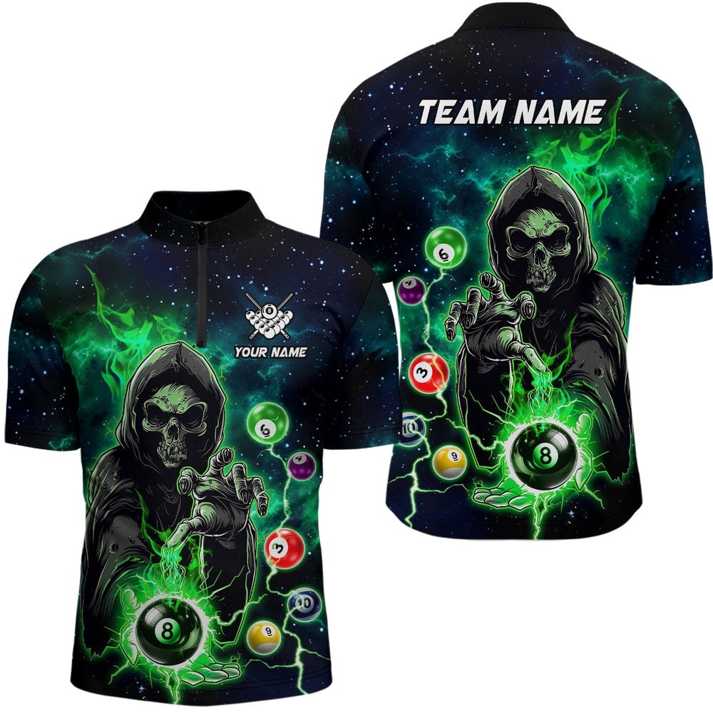 Green Billiard Death Skeleton Jersey & Jersey Shirts Customized Team League Billiard Jerseys, Personalized Billiard Team Jersey Shirt