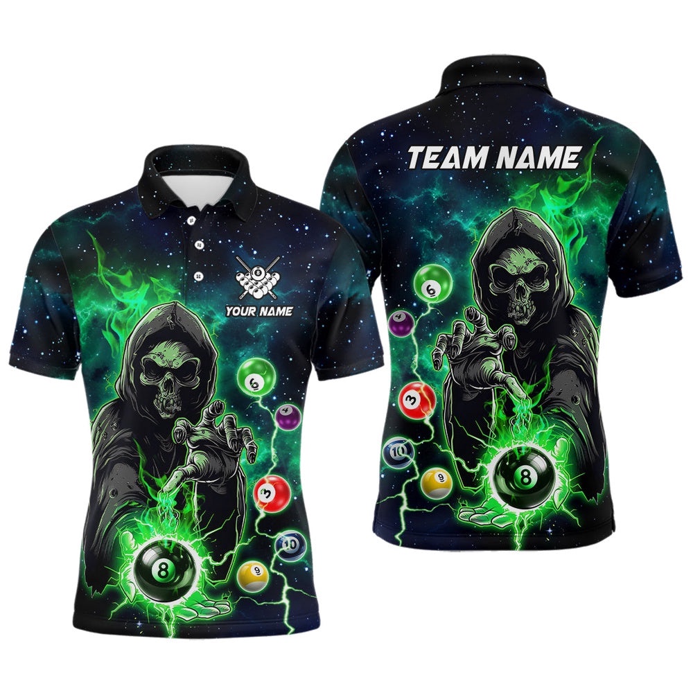 Green Billiard Death Skeleton Polo & Polo Shirts Customized Team League Billiard Polo, Personalized Billiard Polo Shirt