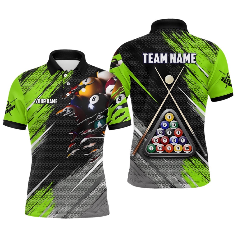 Green Black Billiard Balls 3D Shirts Custom 8 Ball Pool Billiards Team Polo, Personalized Billiard Polo Shirt