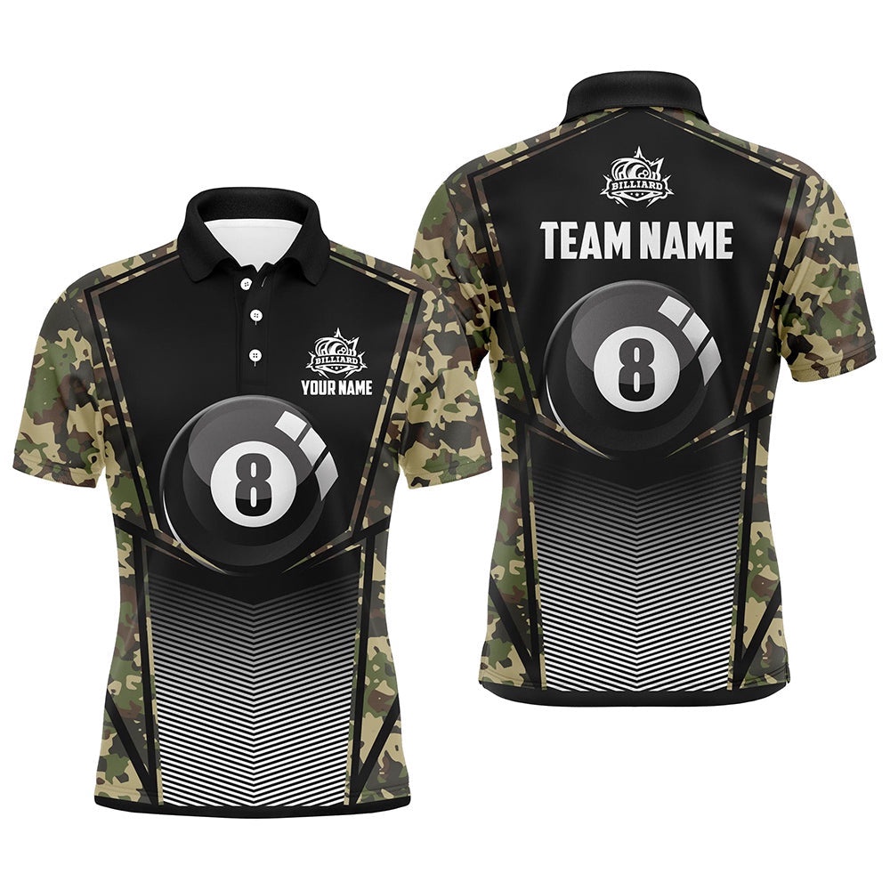 Green Camo Billiards 8 Ball Pool Polo Shirts Custom Unique Billiard Polo Attire, Personalized Billiard Polo Shirt