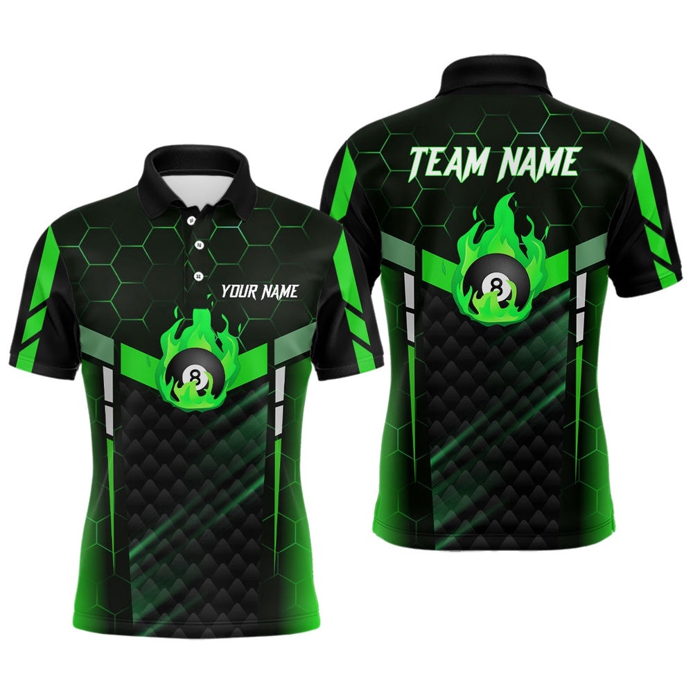 Green Fire 8 Ball Billiard 3D Polo Shirts, Custom 8 Ball Pool Team Polo, Personalized Billiard Polo Shirt
