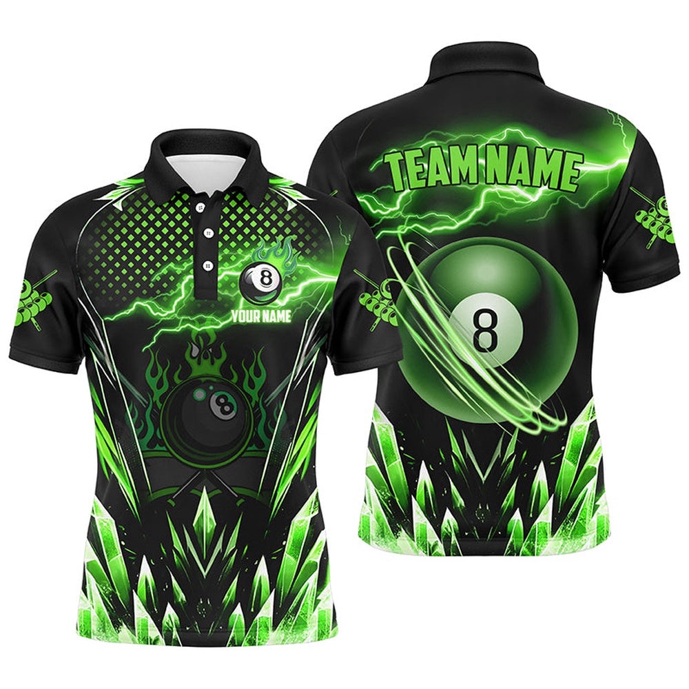 Green Icy Lightning 8 Ball Pool Polo Shirts Custom Billiard Team League Polo, Personalized Billiard Polo Shirt