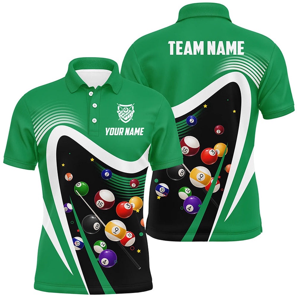 Green Sport Billiard Balls 3D Polo Shirts, Custom 8 Ball Billiard Team Polo, Personalized Billiard Polo Shirt