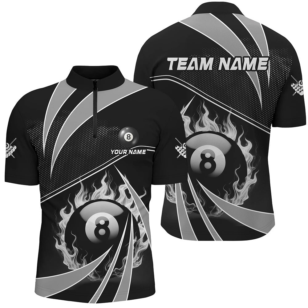Grey And Black 8 Ball Pool Fire Custom Billiard Shirt, Billiard Apparel Jersey, Personalized Billiard Team Jersey Shirt