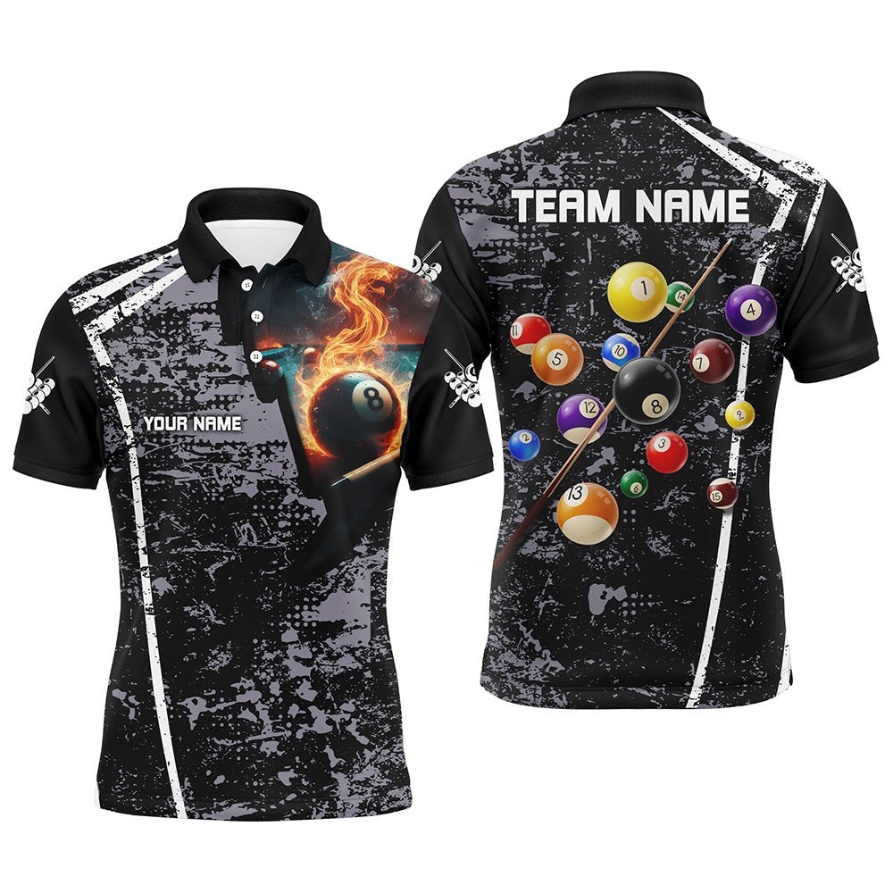 Grey Grunge Fire 8 Ball 3D Pool Balls Billiard Polo, Personalized Billiard Polo Shirt