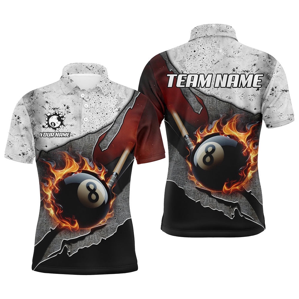 Grey Grunge Fire 8 Ball Pool Cue Billiard Shirts Custom Pool Player Shirts, Personalized Billiard Polo Shirt Grey Grunge Fire 8 Ball Pool Cue Billiard Shirts Custom Pool Player Shirts, Personalized Billiard Polo Shirt