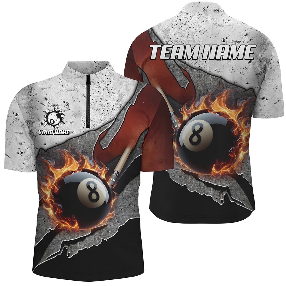 Grey Grunge Fire 8 Ball Pool Cue Billiard Shirts Custom Pool Player Shirts, Personalized Billiard Team Jersey Shirt