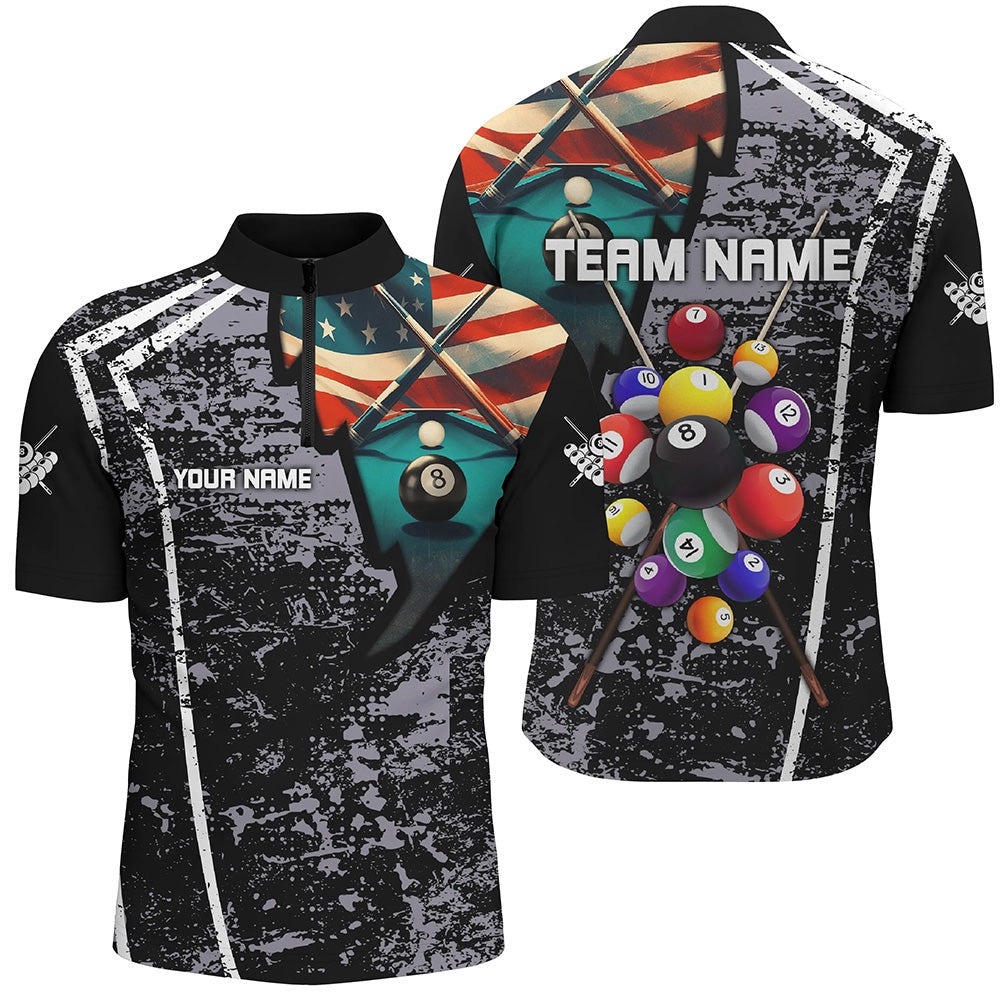 Grey Grunge US Flag 8 Ball Custom Billiard Balls Jerseys, Personalized Billiard Team Jersey Shirt