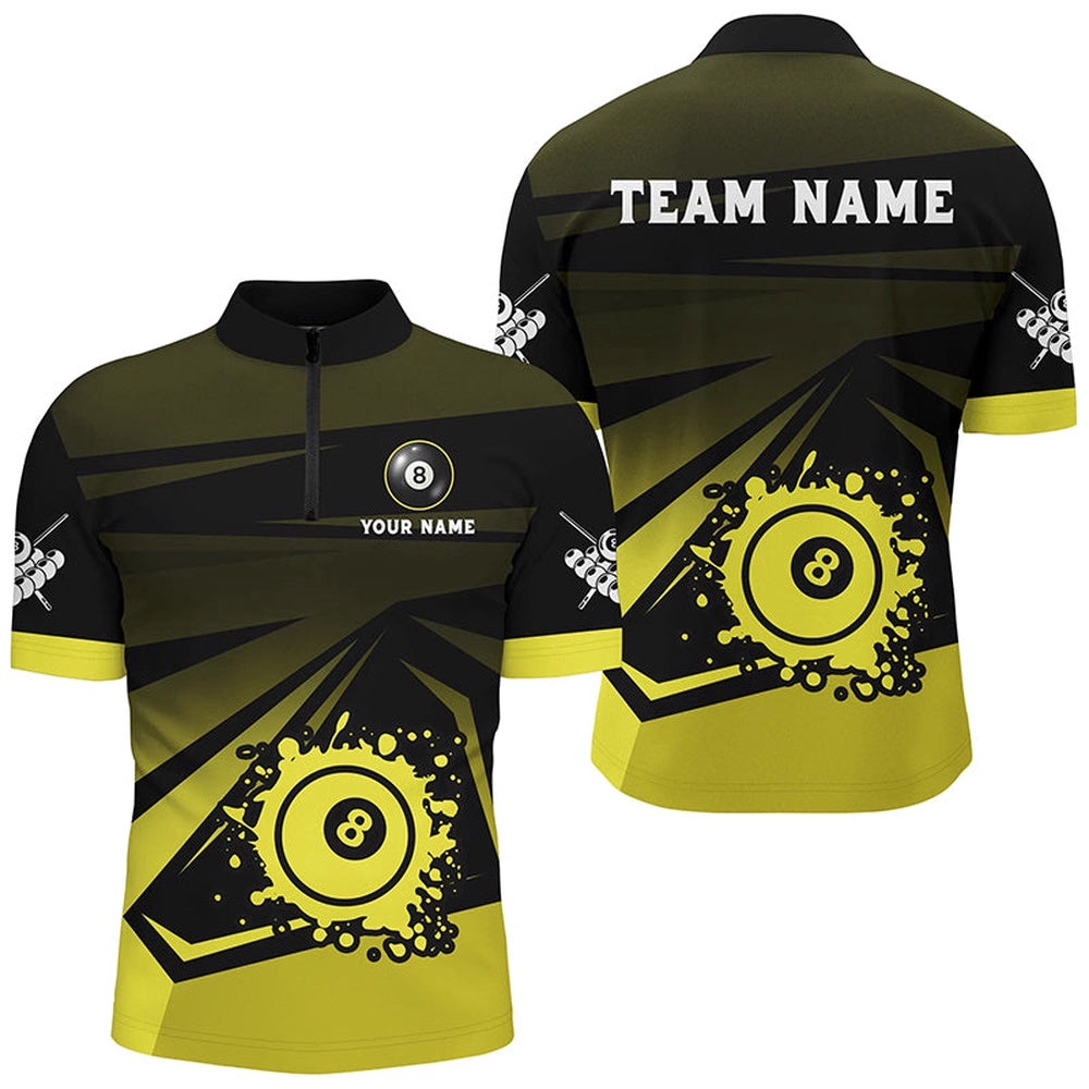 Grunge 8 Ball Pool Billiard Shirts Custom Name Yellow Black Billiard Jerseys, Personalized Billiard Team Jersey Shirt