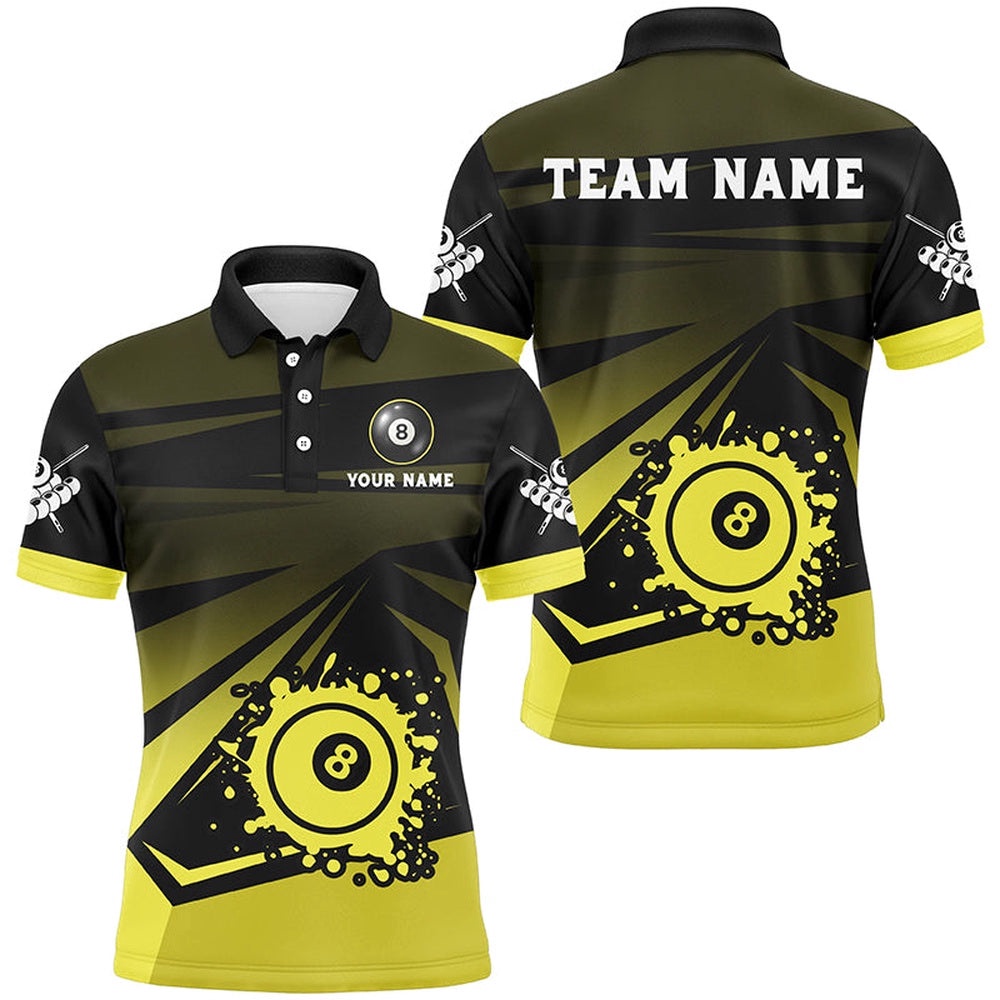Grunge 8 Ball Pool Billiard Shirts Custom Name Yellow Black Billiard Polo, Personalized Billiard Polo Shirt
