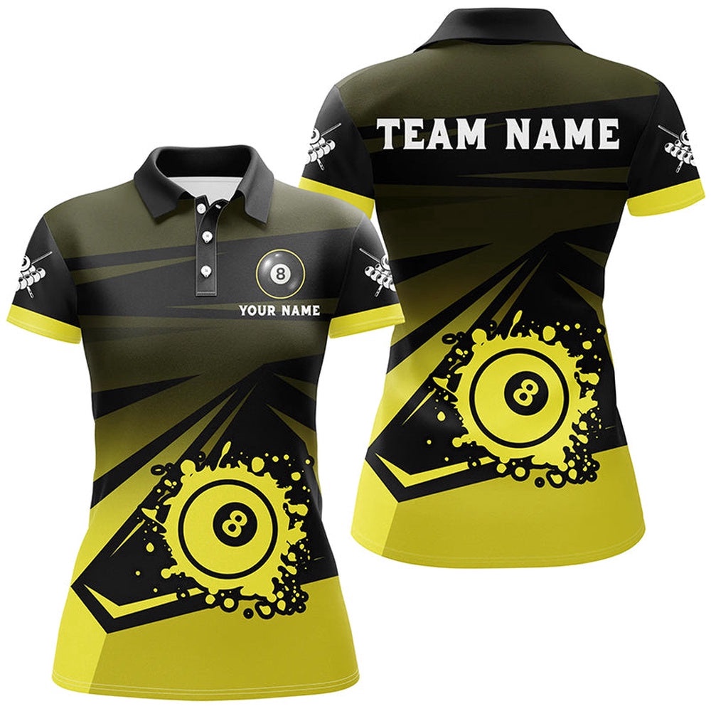 Grunge 8 Ball Pool Billiard Shirts For Ladies Custom Name Yellow Black Billiard Polo, Personalized Billiard Polo Shirt