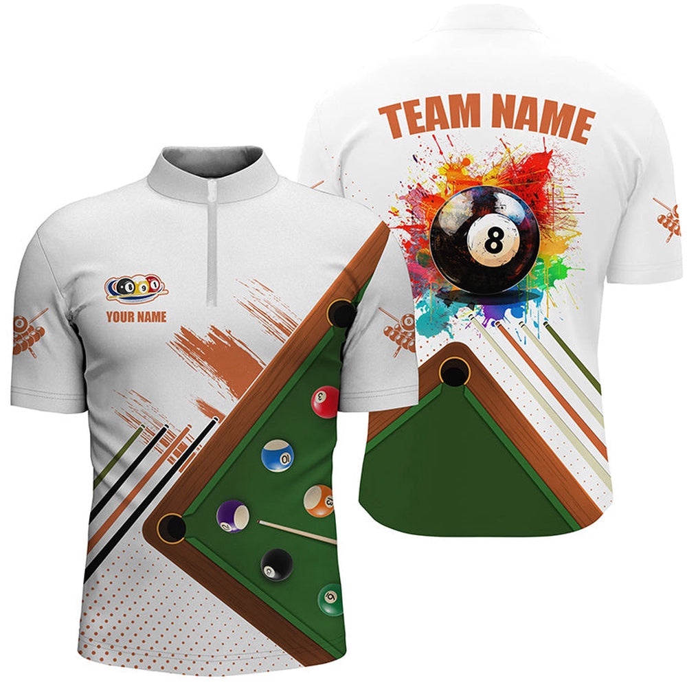 Grunge Billiard Shirts Funny Custom Colorful 8 Ball Pool Player Shirts White, Personalized Billiard Team Jersey Shirt