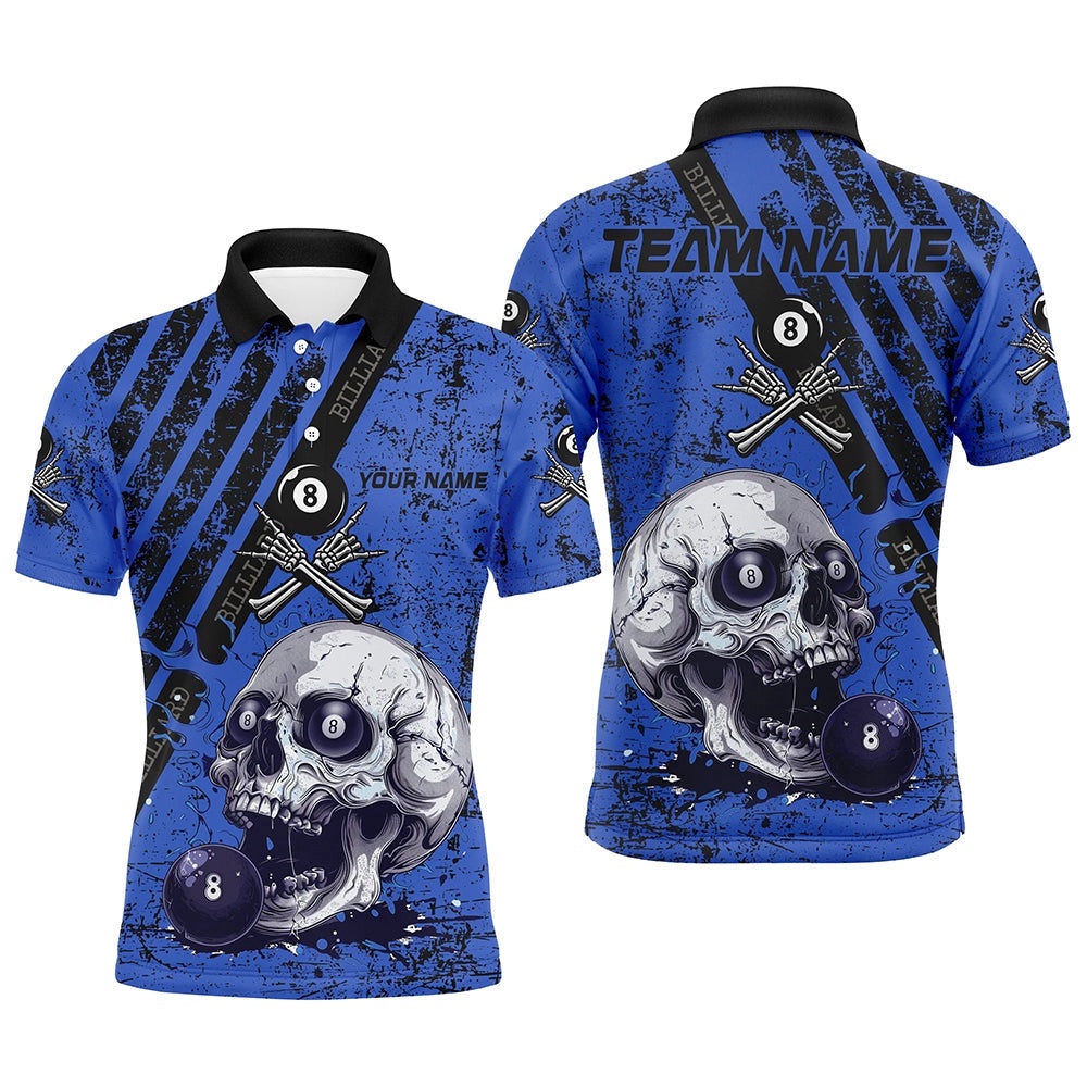 Grunge Blue Billiard Skull Custom Billiard Shirts, Billiard Pool Team Club Uniform, Personalized Billiard Polo Shirt Grunge Blue Billiard Skull Custom Billiard Shirts, Billiard Pool Team Club Uniform, Personalized Billiard Polo Shirt