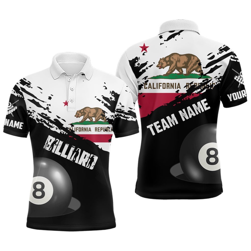 Grunge California Flag 8 Ball Billiard Shirts Custom Patriotic Billiard Polo, Personalized Billiard Polo Shirt