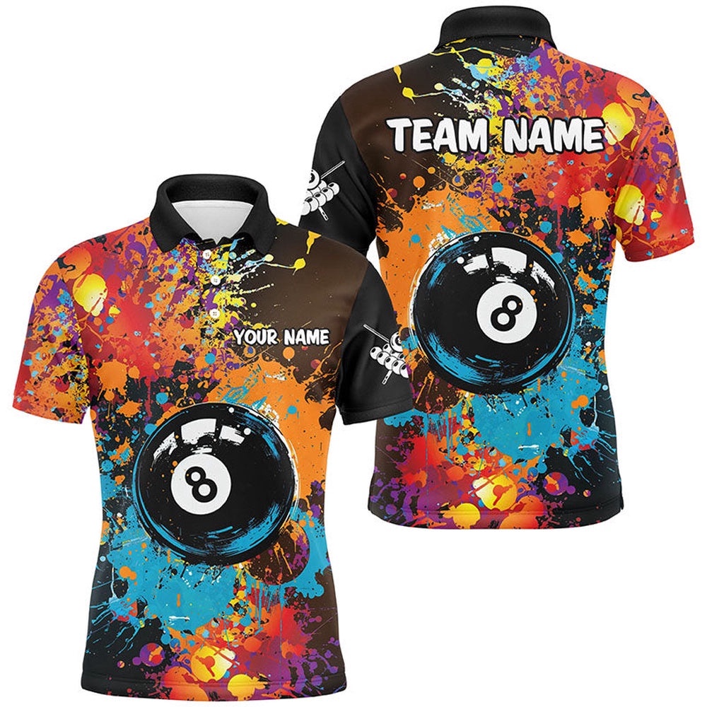 Grunge Colorful Paint 8 Ball Billiard Shirts, Unique 8 Ball Pool Team Shirts, Personalized Billiard Polo Shirt