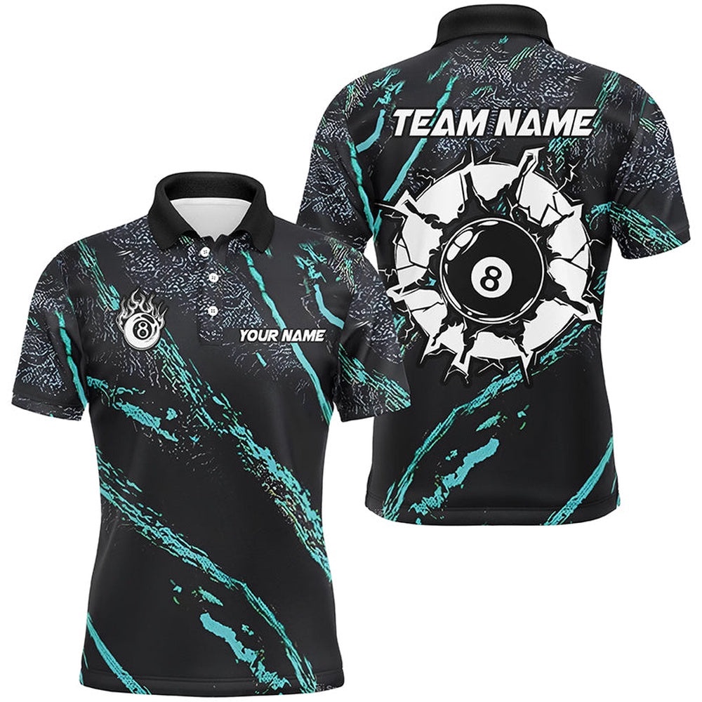 Grunge Turquoise 8 Ball Billiard Shirts Custom 8 Ball Pool Team Polo, Personalized Billiard Polo Shirt