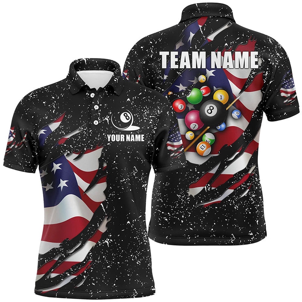 Grunge US Flag 3D Billiard Balls Polo Shirts Custom Patriotic Billiard Polo Attire, Personalized Billiard Polo Shirt