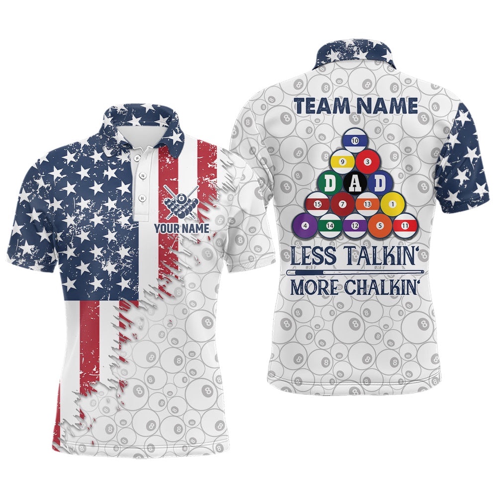 Less Talkin’ More Chalkin’ US Flag Billiard Shirts Custom Father’s Day Billiard Gift Idea, Personalized Billiard Polo Shirt