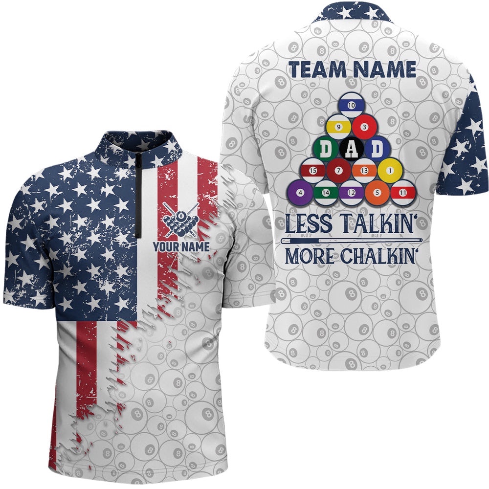 Less Talkin’ More Chalkin’ US Flag Billiard Shirts Custom Father’s Day Billiard Gift Idea, Personalized Billiard Team Jersey Shirt