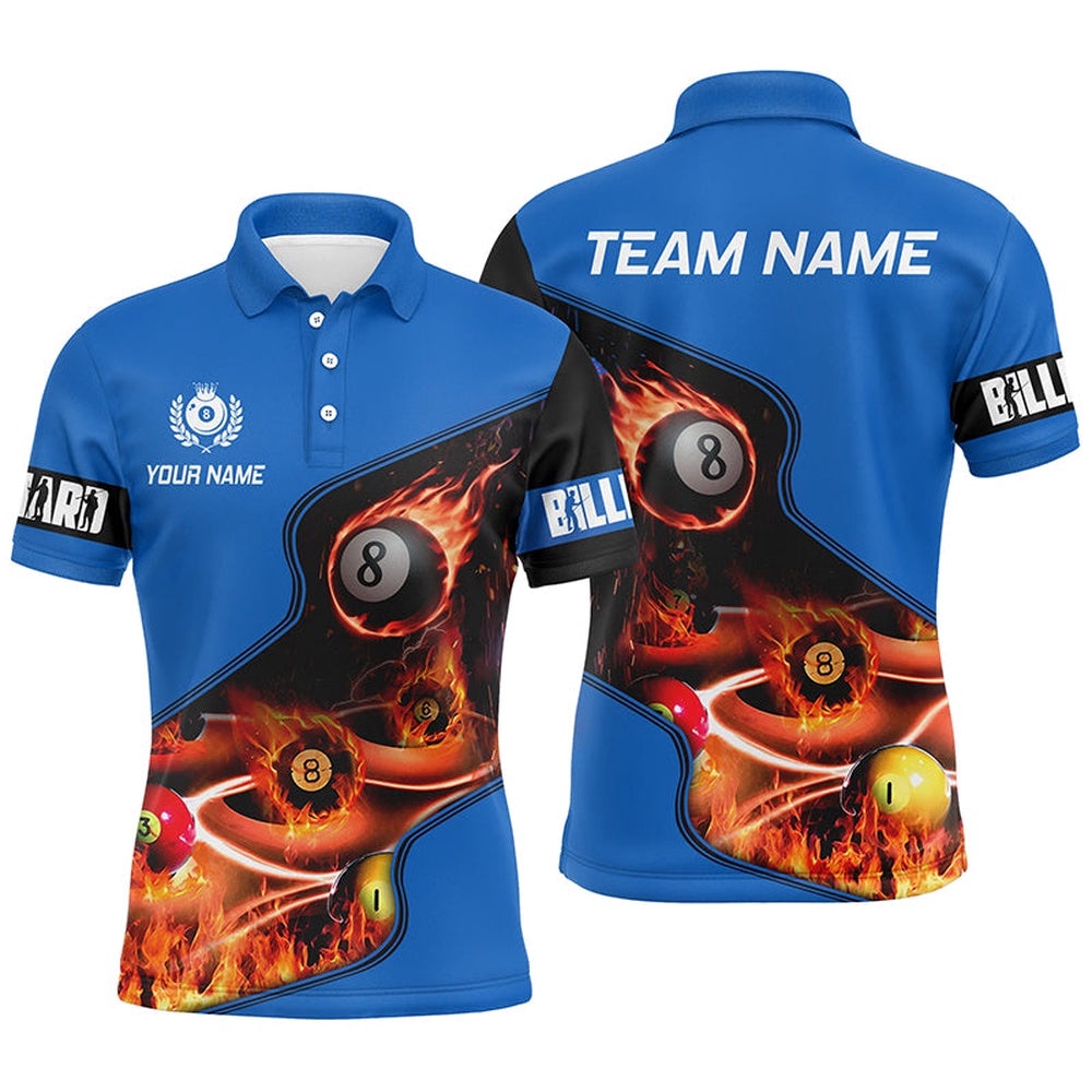 Master Billiard Balls Flame 3D Polo Shirts, Blue Billiard Polo For Pool Player, Personalized Billiard Polo Shirt
