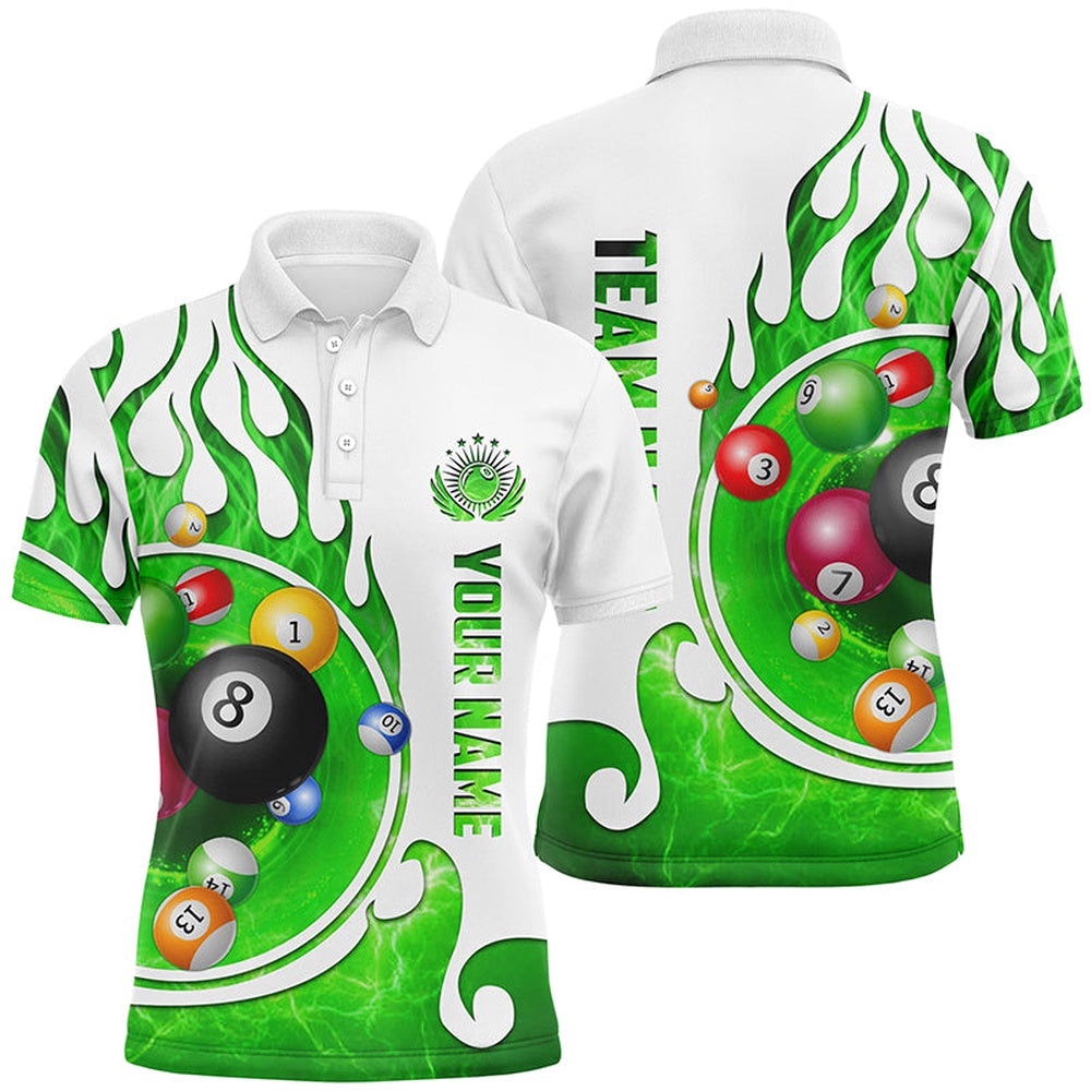 Name Billiard Fire Polo Shirts Custom Team Name Billiard Shirt Design Green, Personalized Billiard Polo Shirt