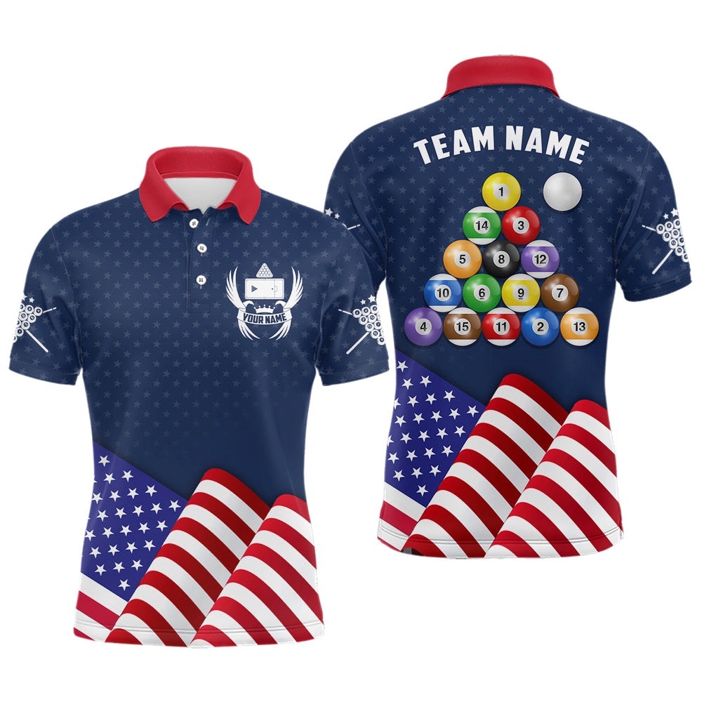 Patriotic Waving Flag Billiards Polo Shirts, Custom Billiard Balls Polo, Personalized Billiard Polo Shirt