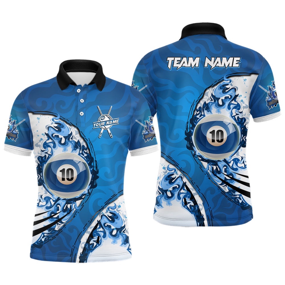 Personalized Blue Flaming 10 Ball Billiards Polo Shirts, Custom 10 Balls Pool Player Shirts, Personalized Billiard Polo Shirt