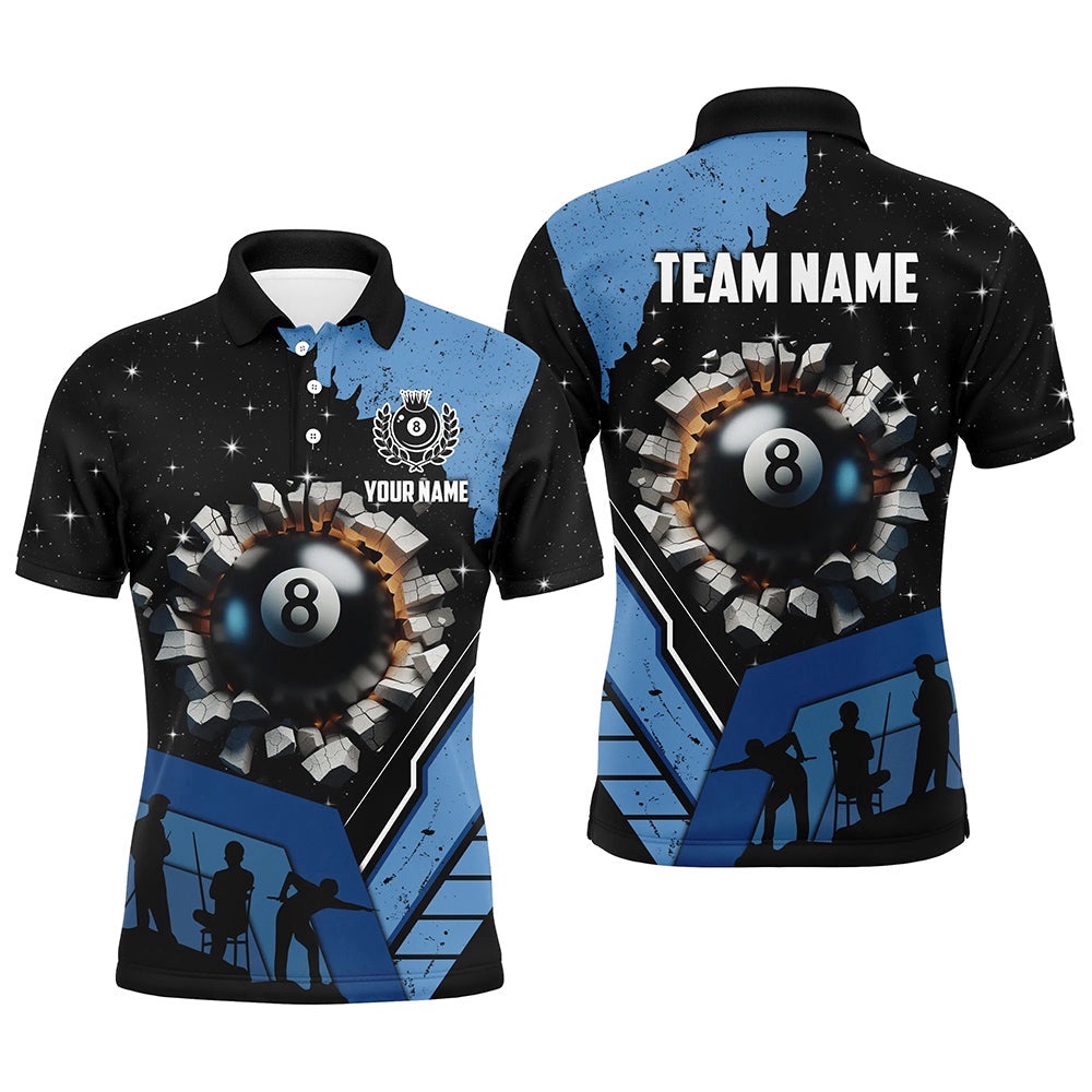 Personalized Blue Funny 8 Ball Pool Crack Polo Shirts Custom Team League Billiard Polo, Personalized Billiard Polo Shirt