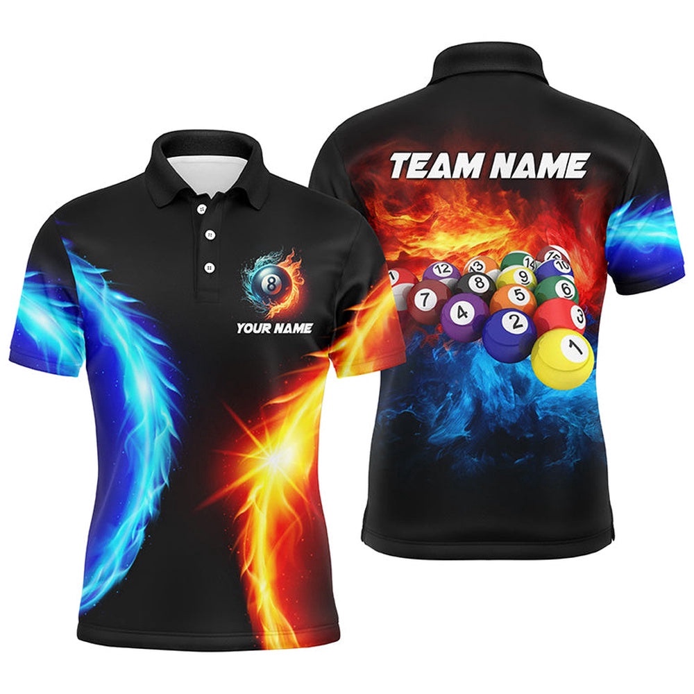 Personalized Water And Fire Billiard Balls 3D Printed Polo Shirts Custom Pool League Shirts, Personalized Billiard Polo Shirt