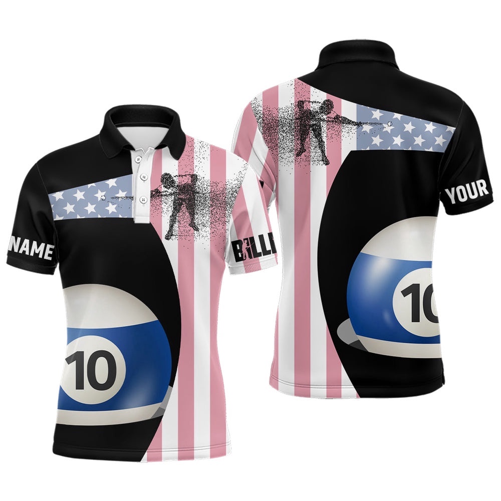 Personalzied American Flag 10 Ball Billiard 3D Polo Shirts, Custom 10 Ball Pool Polo, Personalized Billiard Polo Shirt