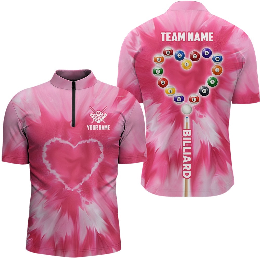 Pink Tie Dye With Heart Billiard Valentines Day Shirts Gifts, Personalized Billiard Team Jersey Shirt
