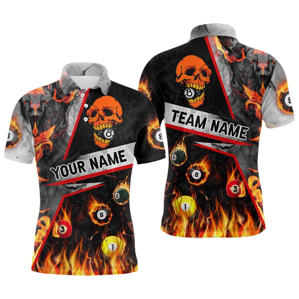 Pool 8 Ball Skull On Fire 3D Full Printing Billiards Team Shirts, Personalized Billiard Polo Shirt