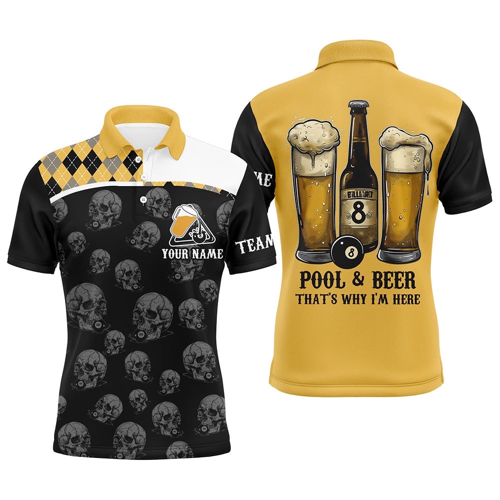 Pool & Beer That’S Why I’M Here Custom Billiard Shirts, Yellow Black Drinking Billiard Polo, Personalized Billiard Polo Shirt