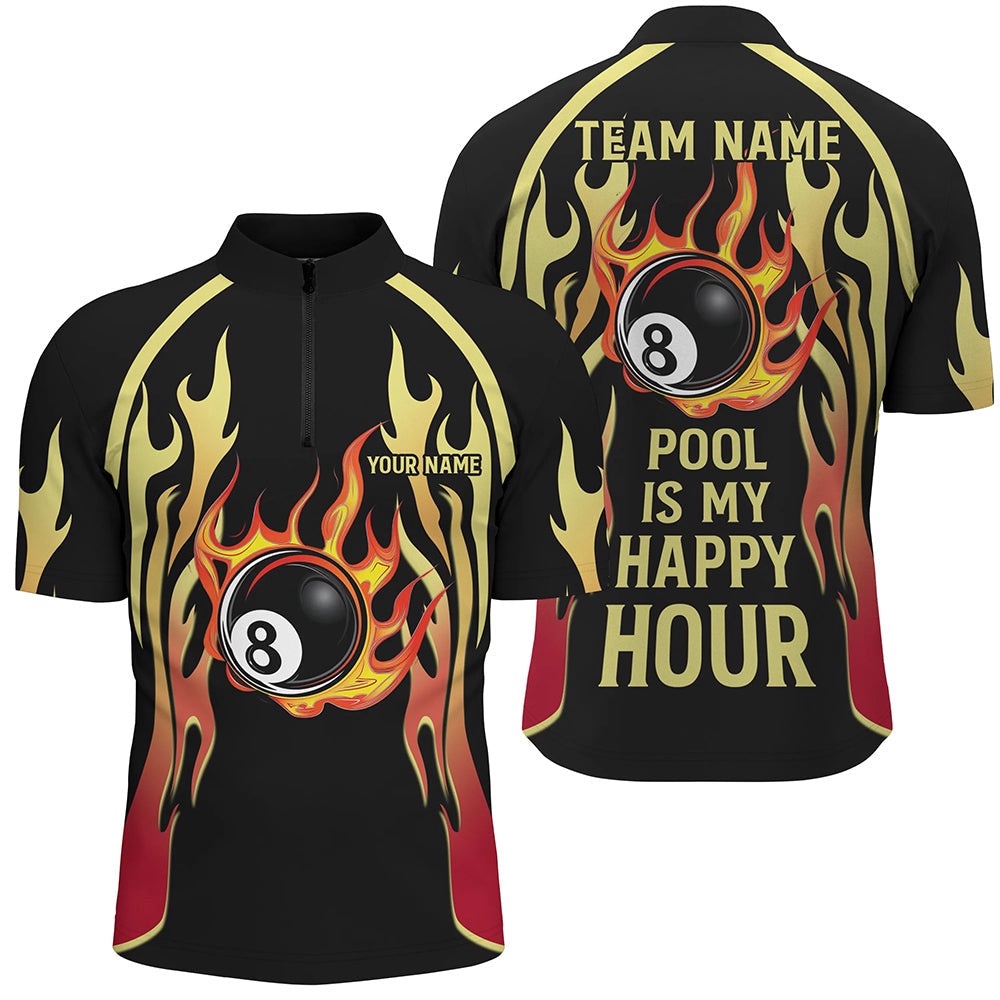Pool Is My Happy Hour Billiard Shirts, 8 Ball Fire Flame Custom Black Billiard Jerseys, Personalized Billiard Team Jersey Shirt