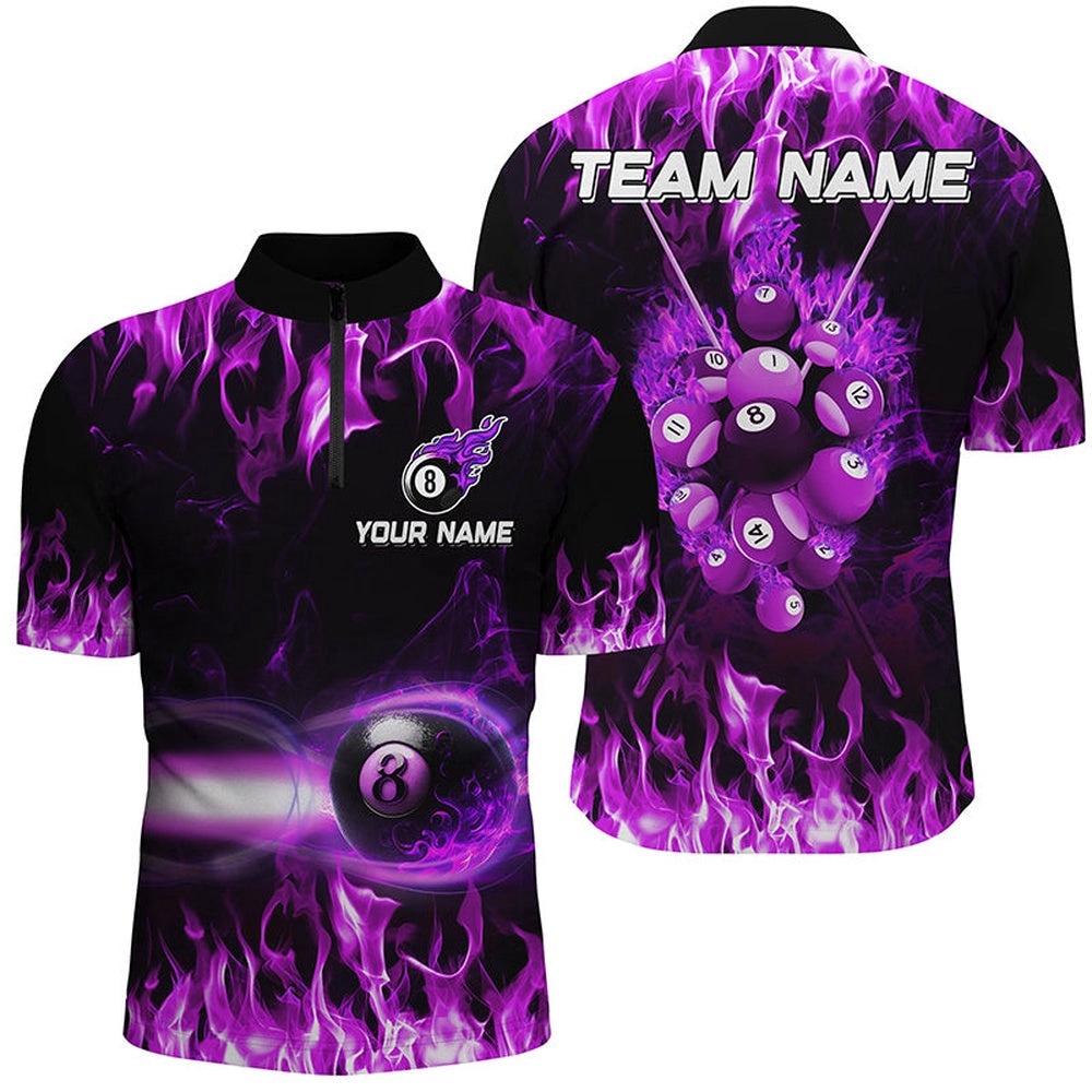 Purple 8 Ball Fire Smoke Pattern 3D Jersey Shirts Best Billiard 8 Ball For Team, Personalized Billiard Team Jersey Shirt