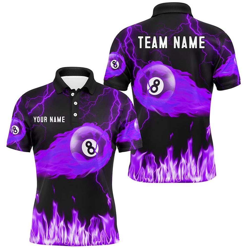 Purple 8 Ball Flame Thunder Lightning Billiard Shirts, Pool Team League Shirts, Personalized Billiard Polo Shirt