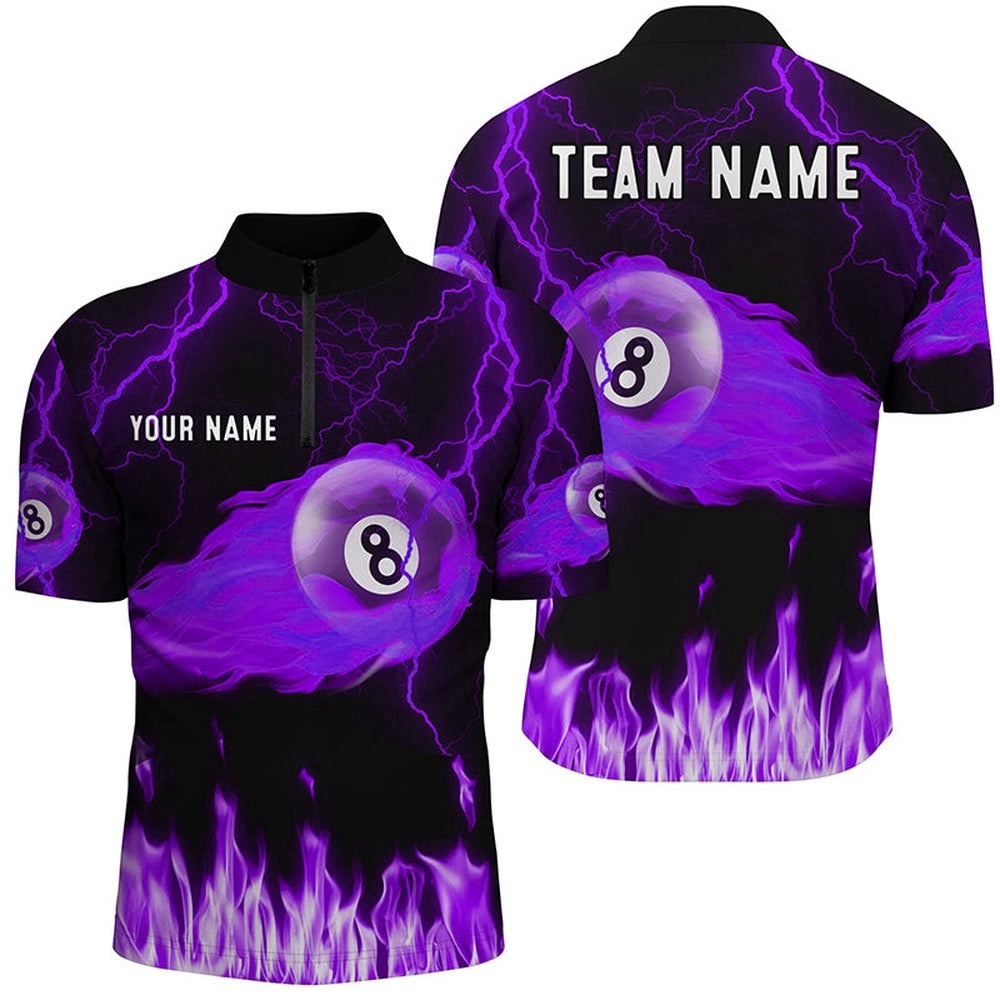 Purple 8 Ball Flame Thunder Lightning Billiard Shirts, Pool Team League Shirts, Personalized Billiard Team Jersey Shirt