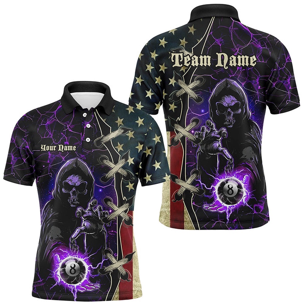 Purple Death Skeleton Lightning US Flag Billiard Shirts, Patriotic Team League Pool Polo, Personalized Billiard Polo Shirt
