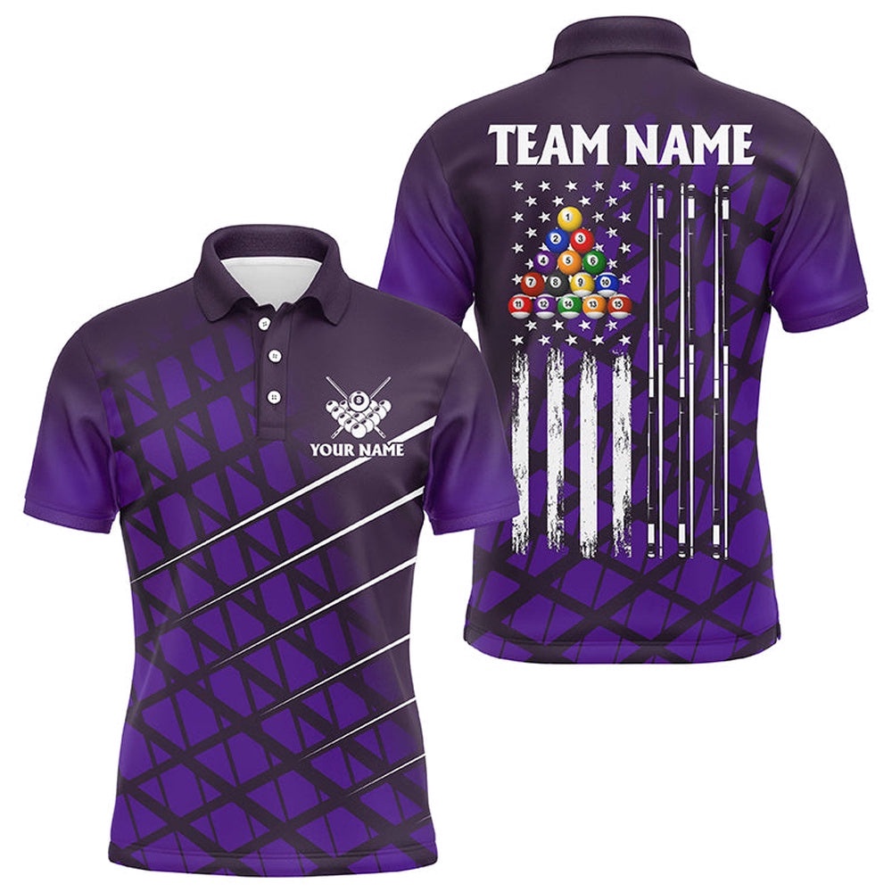 Purple Grunge American Flag Billiard Polo Shirts Custom Pool Player Polo Shirts, Personalized Billiard Polo Shirt