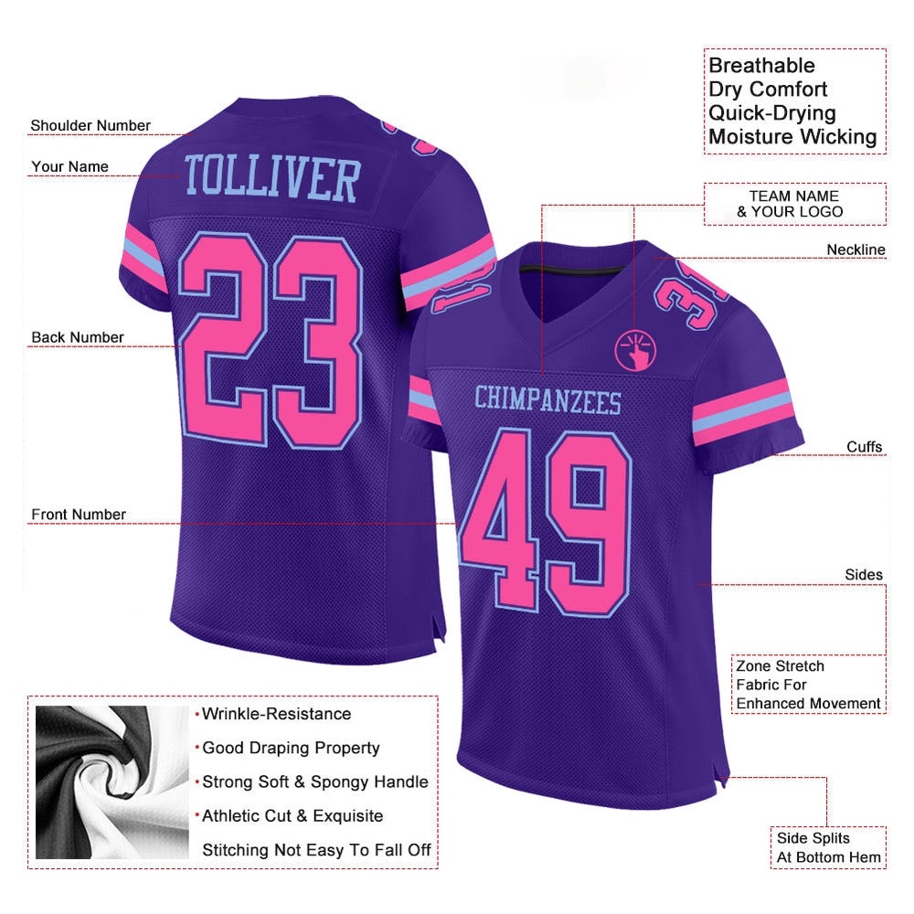 Purple Pink Light Blue Mesh Authentic Football Jersey, Personalized Football Jersey, Football Team Jersey, Football Outfits