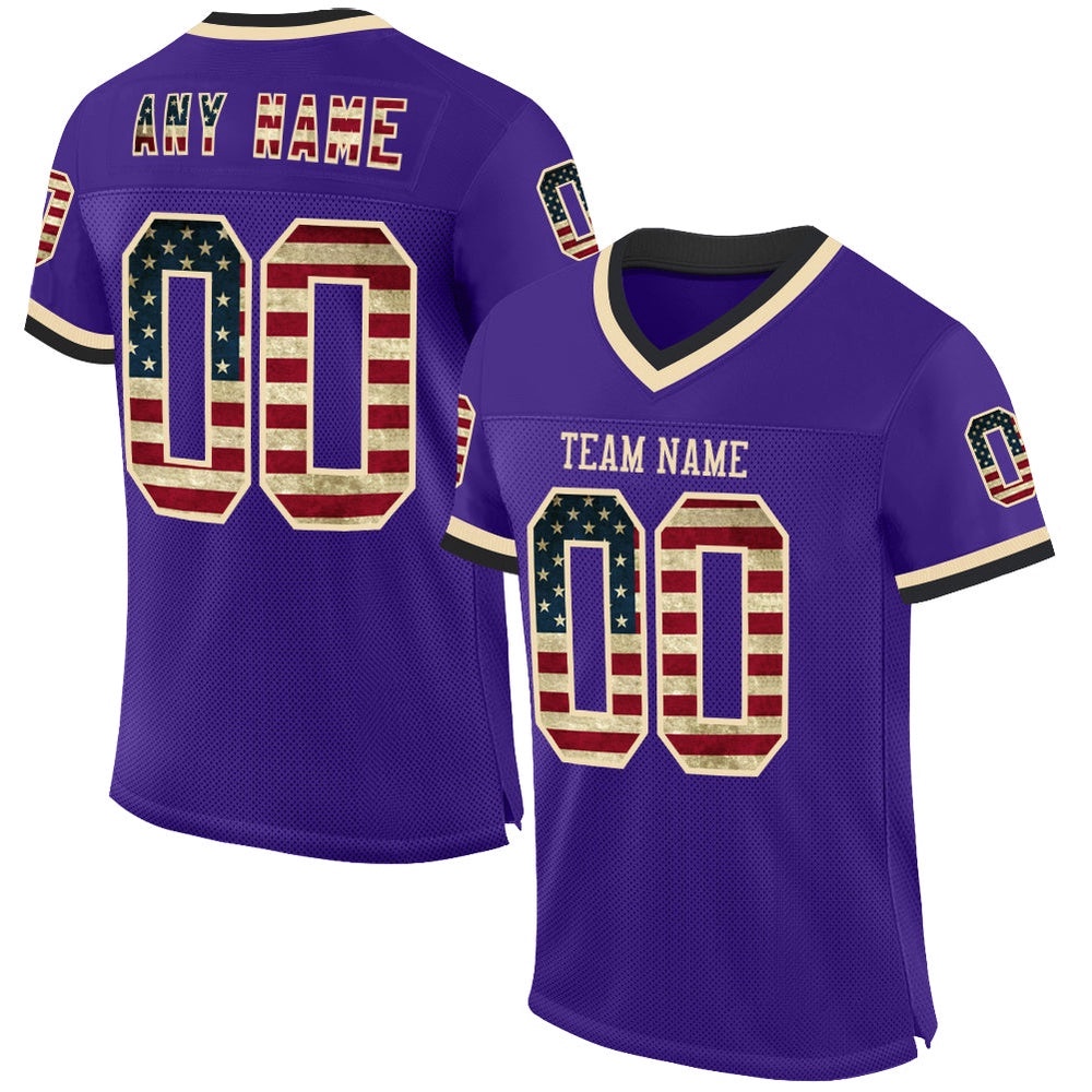 Purple Vintage USA Flag Cream Black Mesh Authentic Throwback Football Jersey, Personalized Football Jersey, Football Team Jersey