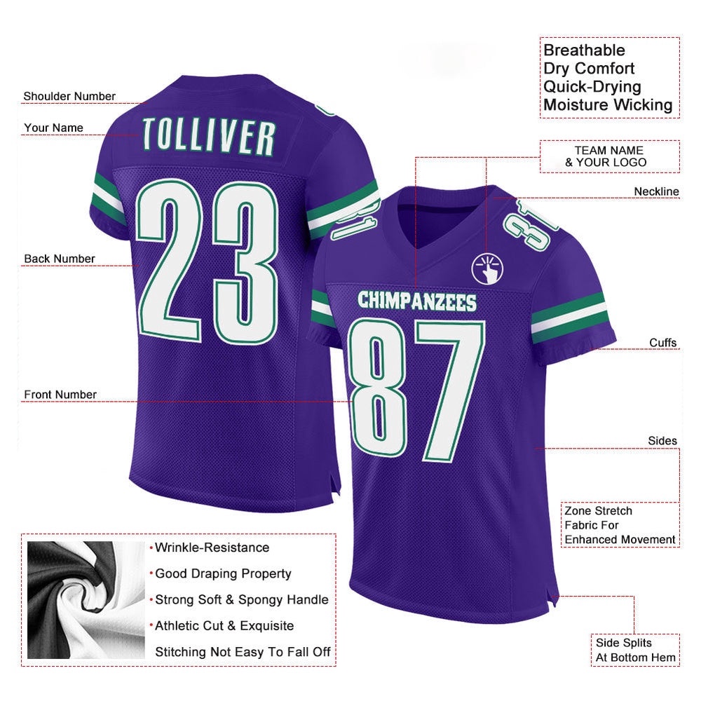 Purple White Kelly Green Mesh Authentic Football Jersey, Personalized Football Jersey, Football Team Jersey, Football Outfits