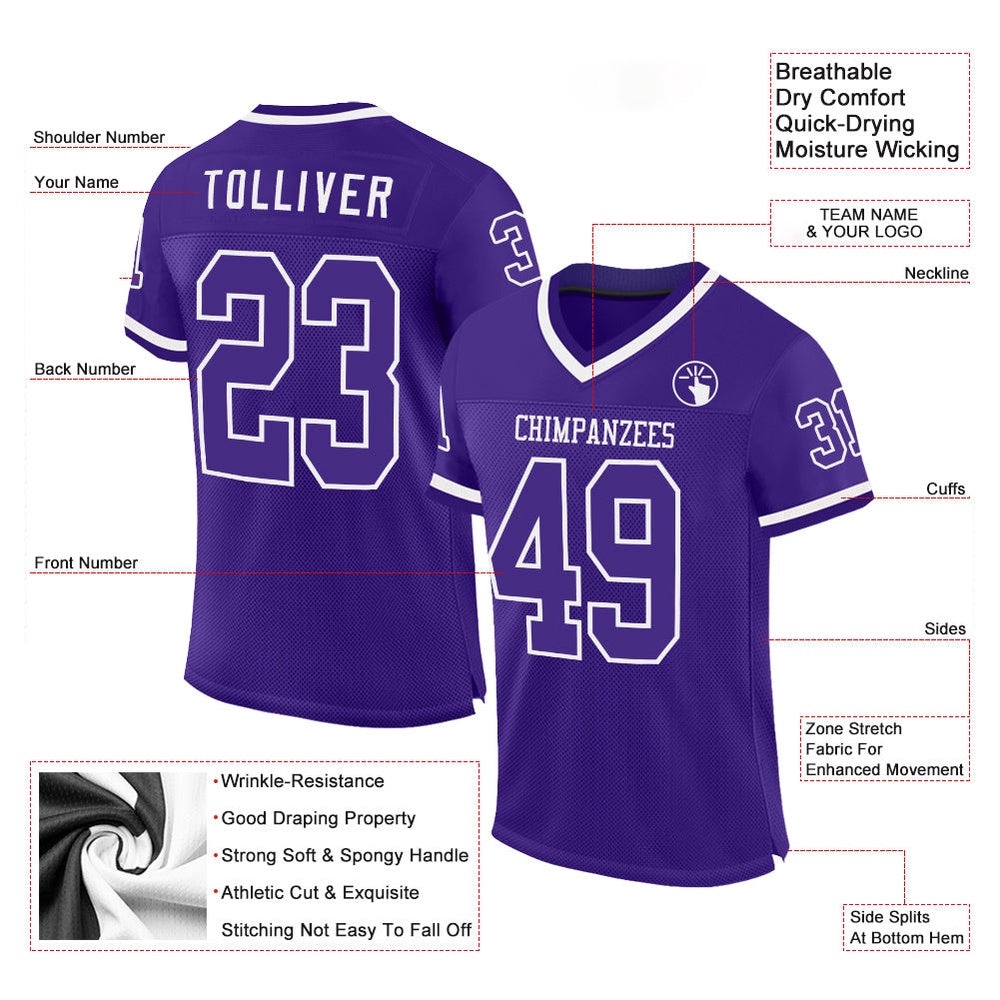 Purple White Mesh Authentic Throwback Football Jersey, Personalized Football Jersey, Football Team Jersey, Football Outfits