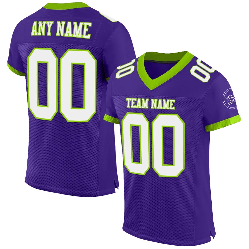 Purple White Neon Green Mesh Authentic Football Jersey, Personalized Football Jersey, Football Team Jersey, Football Outfits