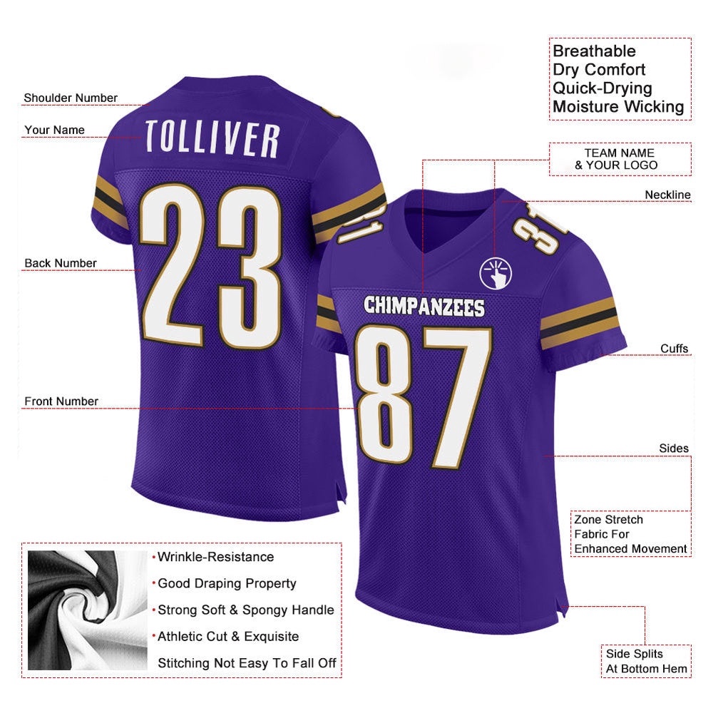 Purple White Old Gold Mesh Authentic Football Jersey, Personalized Football Jersey, Football Team Jersey, Football Outfits