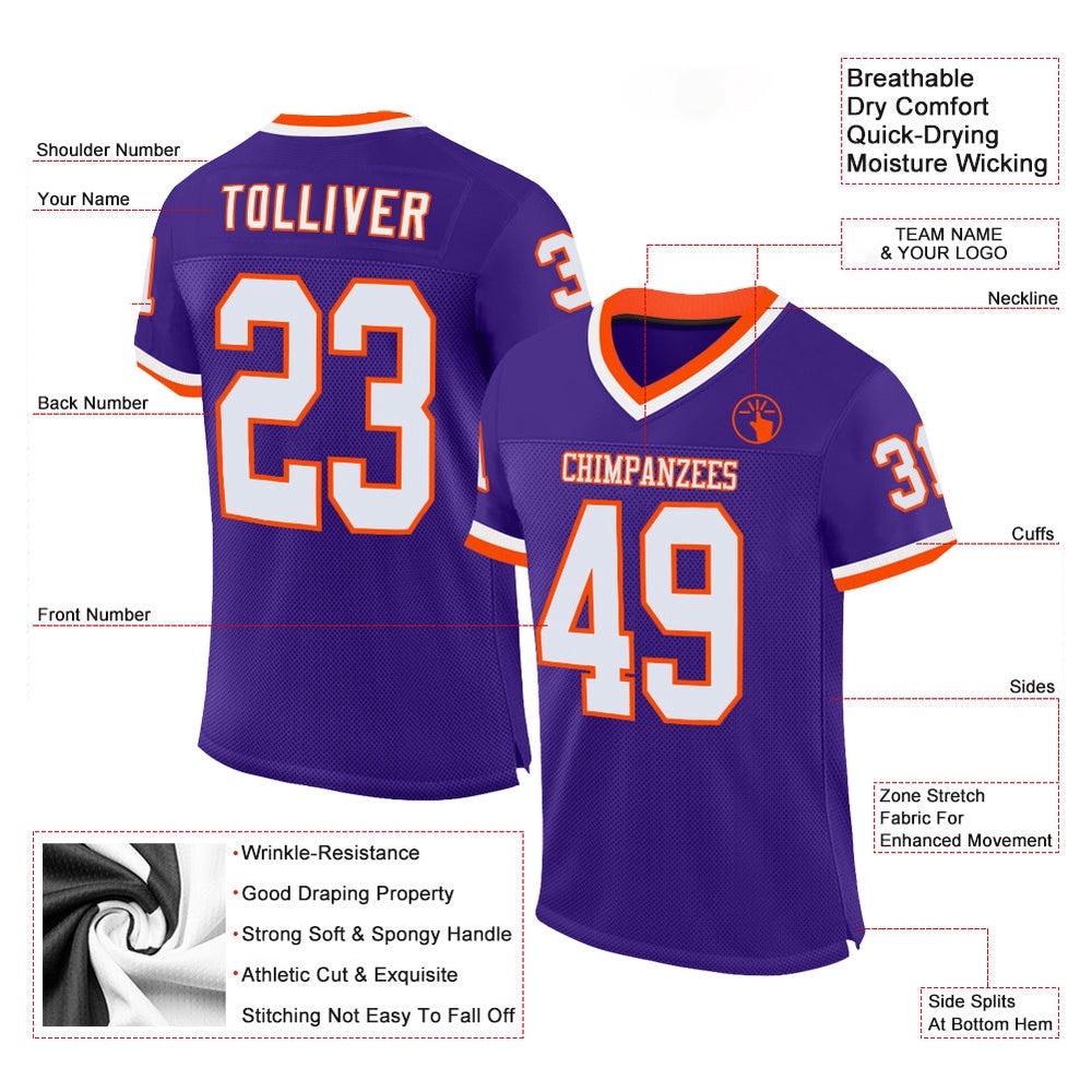 Purple White Orange Mesh Authentic Throwback Football Jersey, Personalized Football Jersey, Football Team Jersey, Football Outfits