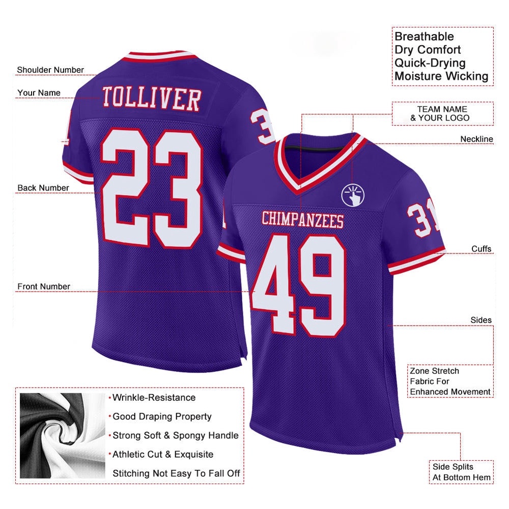 Purple White Red Mesh Authentic Throwback Football Jersey, Personalized Football Jersey, Football Team Jersey, Football Outfits