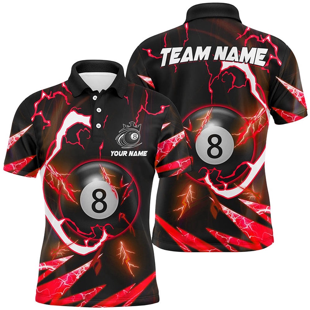 Red 8 Ball Pool Thunder Lighting Polo Shirts Custom Billiard Team Shirts, Personalized Billiard Polo Shirt